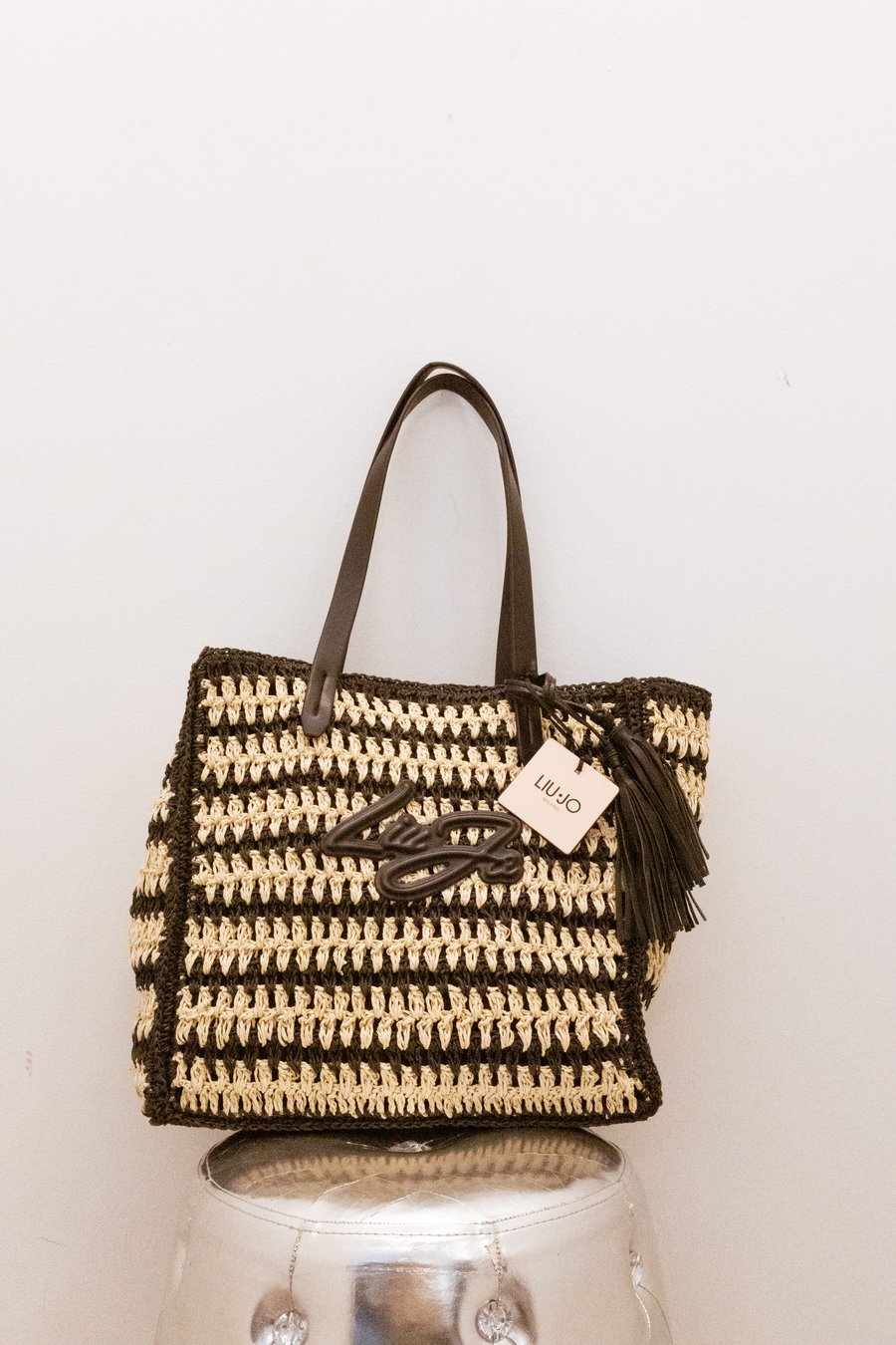 Liu Jo Borsa crochet righe marrone con nappa