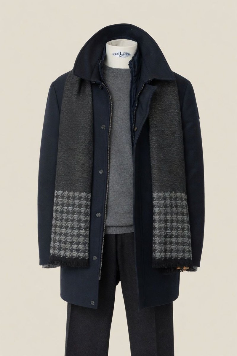 Cappotto navy uomo con sciarpa houndstooth