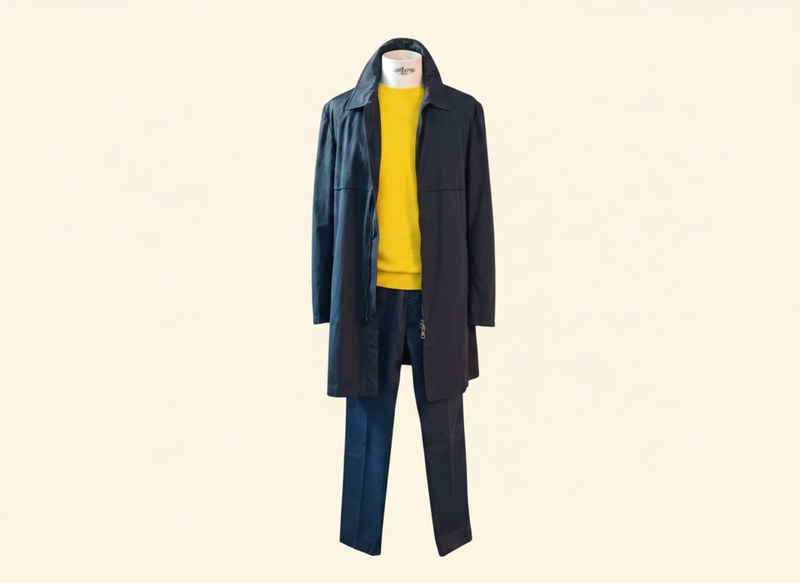 Look scuro uomo cappotto giallo